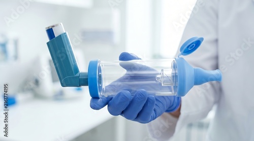 Woman doctor holding asthma inhaler with spacer in hospital clinic. Professional medical equipment for respiratory treatment and lung health. Healthcare concept for patient relief