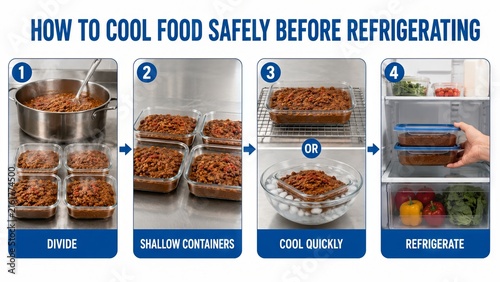 Infographic showing how to cool food safely before refrigerating. Steps to divide hot meal into shallow containers, cool quickly, and store in refrigerator. Kitchen hygiene guide