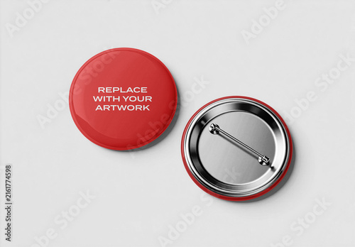 Circular button pin mockup with front and back views on a neutral background, clean flat layout for branding, graphic design, print, advertising, Template, product presentation