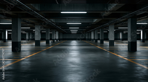 Empty dark underground parking garage with bright overhead fluorescent lights. Modern industrial interior background for automotive design and concept.