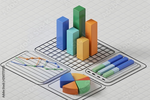Colorful 3D business growth chart bars and financial graphs on office desk