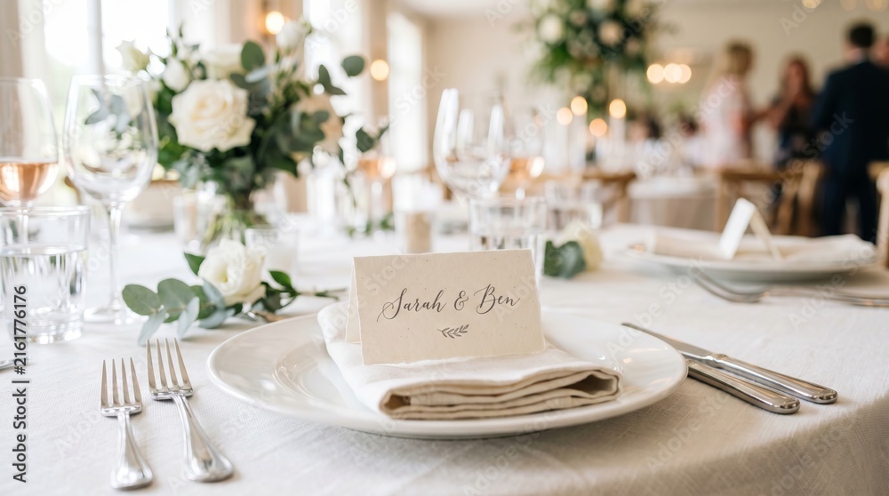 Fototapeta premium Wedding place setting with name card on table. Elegant dinner arrangement with white flowers, wine glass and cutlery. Celebration event decor for reception party in restaurant interior
