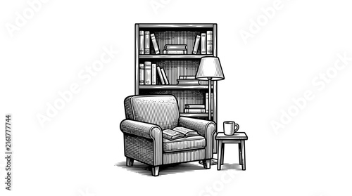 Cozy reading nook with armchair and bookshelf.