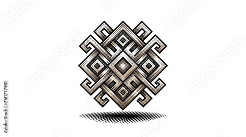 Geometric knot symbol woodcut engraving.