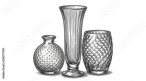 Group of three textured glass flower vases.