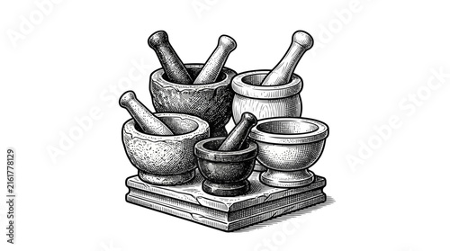 Hand-drawn sketch of mortars and pestles set.