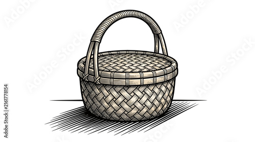 Hand-woven wicker basket with curved handle.