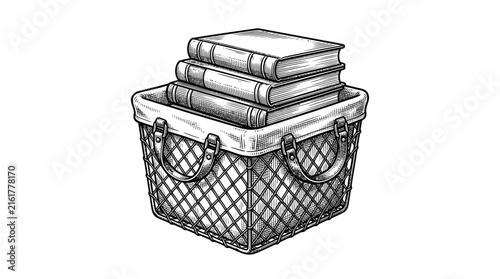 Hand-drawn wicker basket containing stacked books