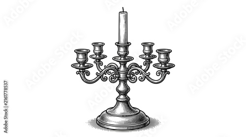 Ornate silver candelabra with lit candle illustration