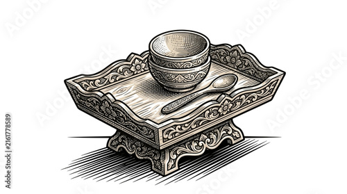 Ornate traditional pedestal tray with bowl and spoon