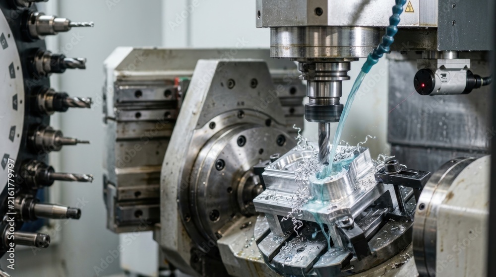 Fototapeta premium Five axis CNC machining center with carbide end mills, aluminum swarf, tool magazine, and laser probe in a clean metalworking cell.
