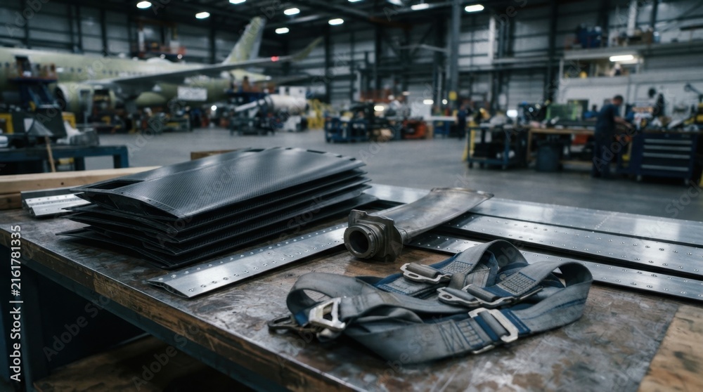 Fototapeta premium Carbon fiber wing panels, aluminum rivet strips, turbine blade, and safety harness arranged for aerospace manufacturing resilience.