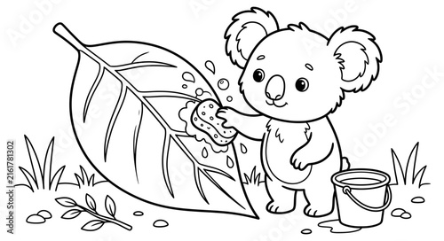 Photography Cute cartoon koala cleaning a large leaf with a sponge and bucket for a kids col