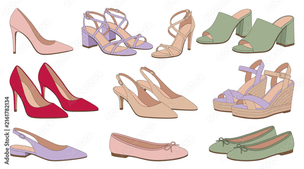 Fototapeta premium Collection of women heels, wedges, and flat ballet shoes in various colors, isolated on a white background
