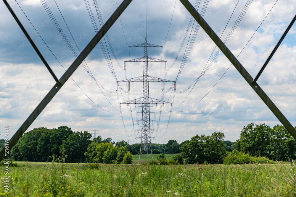 Fototapeta premium Electricity power lines in nature landscape. Green nature energy. Landscape of electric voltage station. High voltage. Electricity pylon. Nature summer environment. Electricity tower