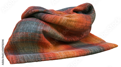 Soft folded orange plaid wool blanket isolated on transparent background for png design element