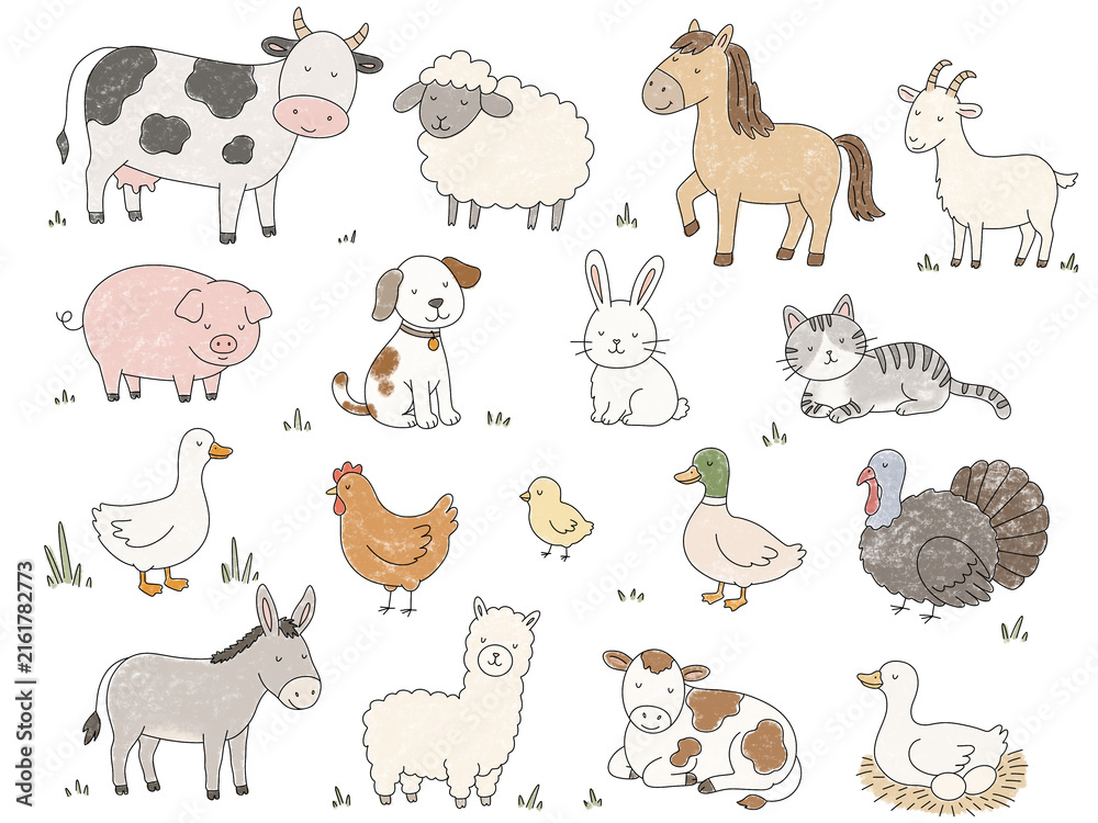 Naklejka premium Hand drawing barnyard animals collection with farm pets
