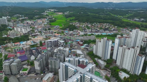 Aerial Drone View of Han River Waterfront and Cityscape in Yeoju, Gyeonggi-do, South Korea