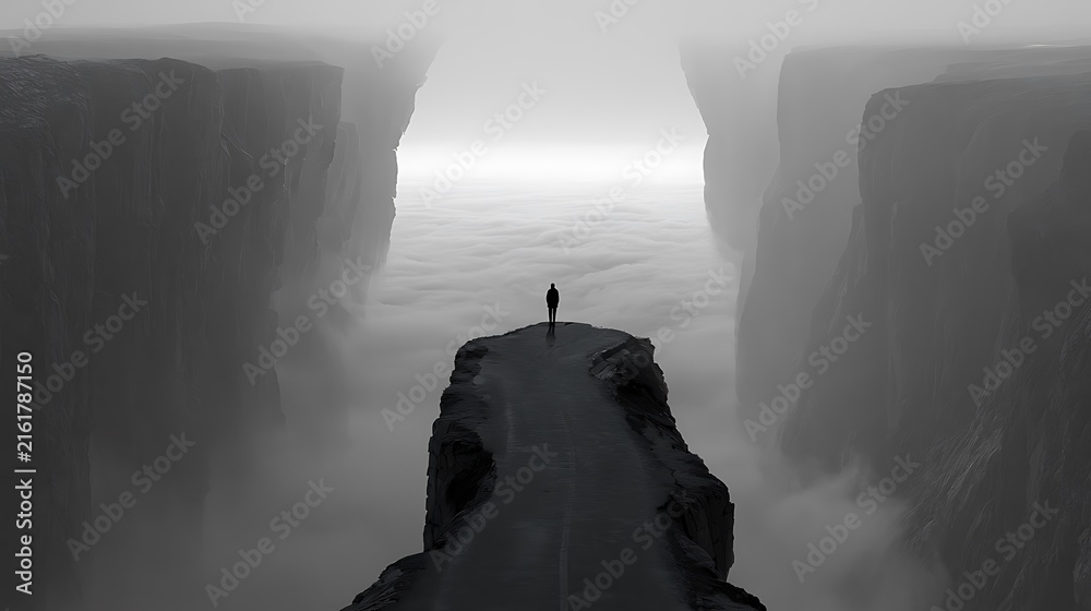 Fototapeta premium 206. A psychological art piece about Decidophobia (fear of making decisions). A person standing at a fork in the road, where both paths instantly turn into vertical, jagged cliffs rising into 