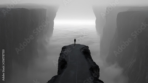 206. A psychological art piece about Decidophobia (fear of making decisions). A person standing at a fork in the road, where both paths instantly turn into vertical, jagged cliffs rising into 