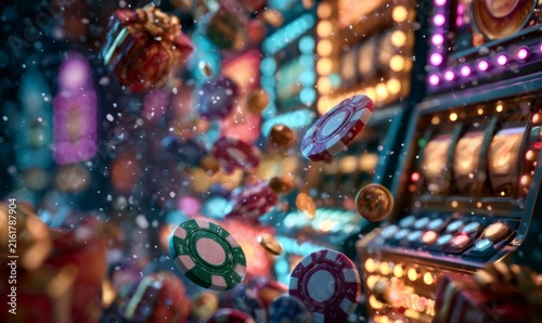 Casino chips, coins, and gift boxes falling against a vibrant, illuminated slot machine, creating a festive gambling celebration
