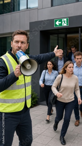 Man in safety vest directing office workers during emergency evacuation. Safety marshal using megaphone outside a modern building with exit sign. Business disaster preparedness concept. Vertical
