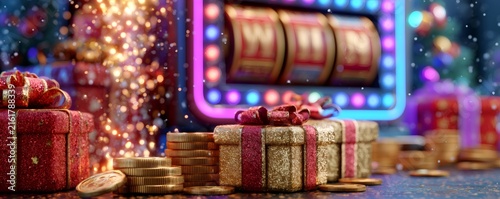 Slot machine showing win with sparkling lights and falling snow, surrounded by christmas gifts and golden coins