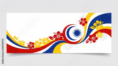 Malaysia independence day celebration banner with hibiscus flowers