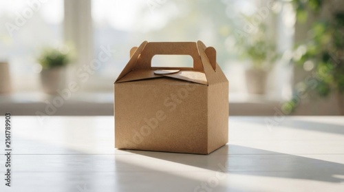 Brown cardboard gift box on sunlit white table.