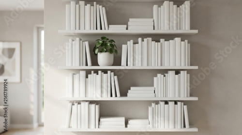 Built-in white bookshelf wall with monochrome books and plant.