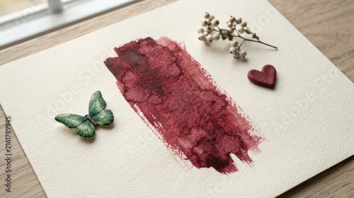 Burgundy watercolor swatch with butterfly and heart decorations.