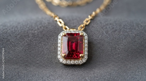 Centered ruby and diamond gold pendant necklace.