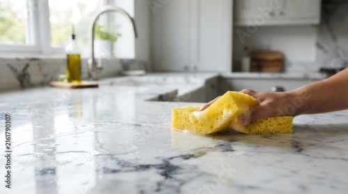 Cleaning white marble kitchen island with sponge.