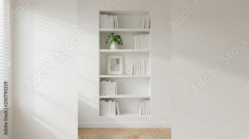 Clean white wall bookshelf in bright sunny room interior.