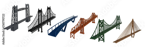 Collection of six colorful miniature bridge models showcasing different architectural designs, including truss, suspension, and cable-stayed structures, presented in a neat row