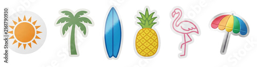 Collection of six colorful summer stickers including a sun, palm tree, surfboard, pineapple, flamingo, and umbrella arranged in a row for a fun, tropical vacation concept