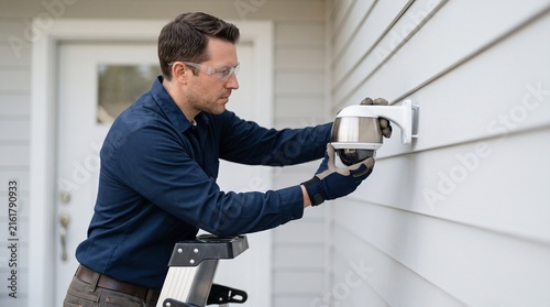 Home security technician, installing exterior camera, residential surveillance setup, professional service for safer entry monitoring and property protection