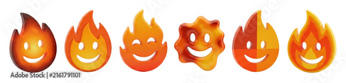 Set of six smiling fire emojis with different 3D styles and textures, showing various happy expressions and warm orange and yellow colors in a playful collection of icons
