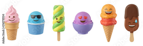 Collection of colorful cartoon ice cream characters with cute emoji faces expressing different emotions like happiness, love, and coolness in a playful 3D rendered style