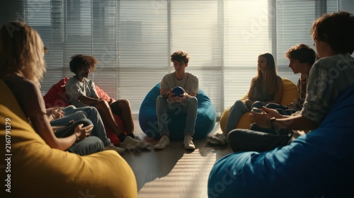 A circle of beanbag chairs in a modern therapy room, a diverse group of adolescents sitting comfortably, one boy is speaking while holding a stress ball