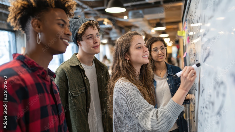 Obraz premium Therapist and diverse teenagers standing around a whiteboard brainstorming goals, writing with markers, collaborative energy, bright office
