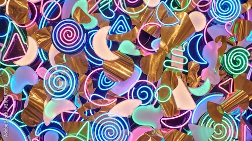Naklejka modern art composition, a vibrant, maximalist abstract composition filled with overlapping neon shapes