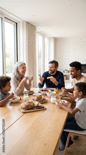 A joyful multi-generational family shares a delightful breakfast around a sunlit wooden table, their laughter filling the bright, airy dining room.