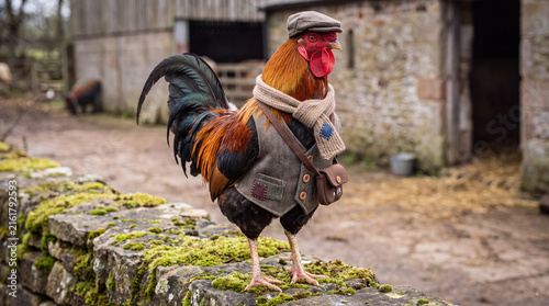 Dapper Rooster on a Stone Wall: A richly plumed rooster, dressed in a tweed vest, flat cap, and scarf, stands proudly on a moss-covered stone wall near a rustic barn, embodying rural charm.