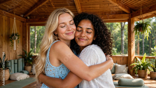 Two women sharing a warm hug at home