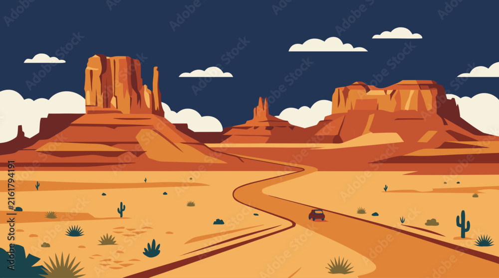 Fototapeta premium A Scenic Road Trip Driving Adventure Through a Vast Desert Landscape with Iconic Red Rock Formations Under a Clear Dark Blue Sky Vector Illustration