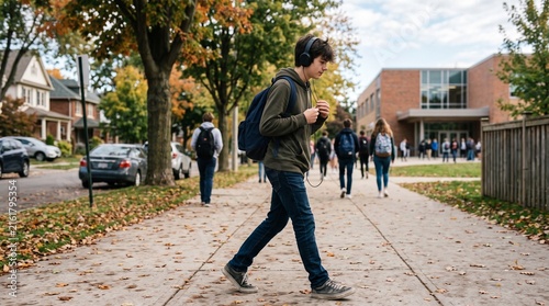 Student Walking to School: A young student with headphones and backpack crosses a leaf-strewn sidewalk, heading towards a school building as other students mill about.