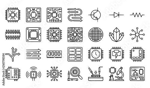 AI Smart Chip Future Computing and Semiconductor Line Icons