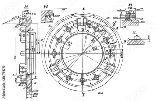 Clutch disc of car wheel.
Engineering automotive mechanical drawing of steel 
device. Industrial cad scheme on white paper sheet. 
Technology design of machine building industry. 
Machined template.