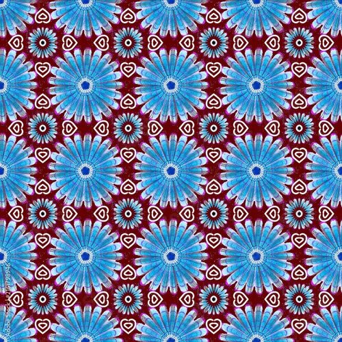 Seamless mandala pattern featuring cyan floral wheels and white heart ornaments on a deep maroon background.